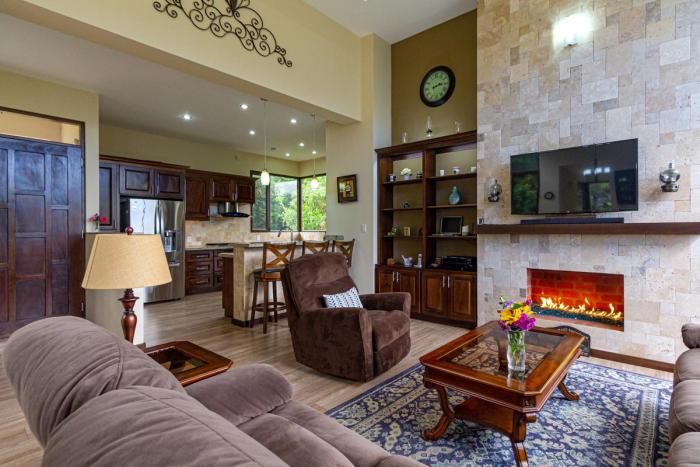 living room with TV and fireplace